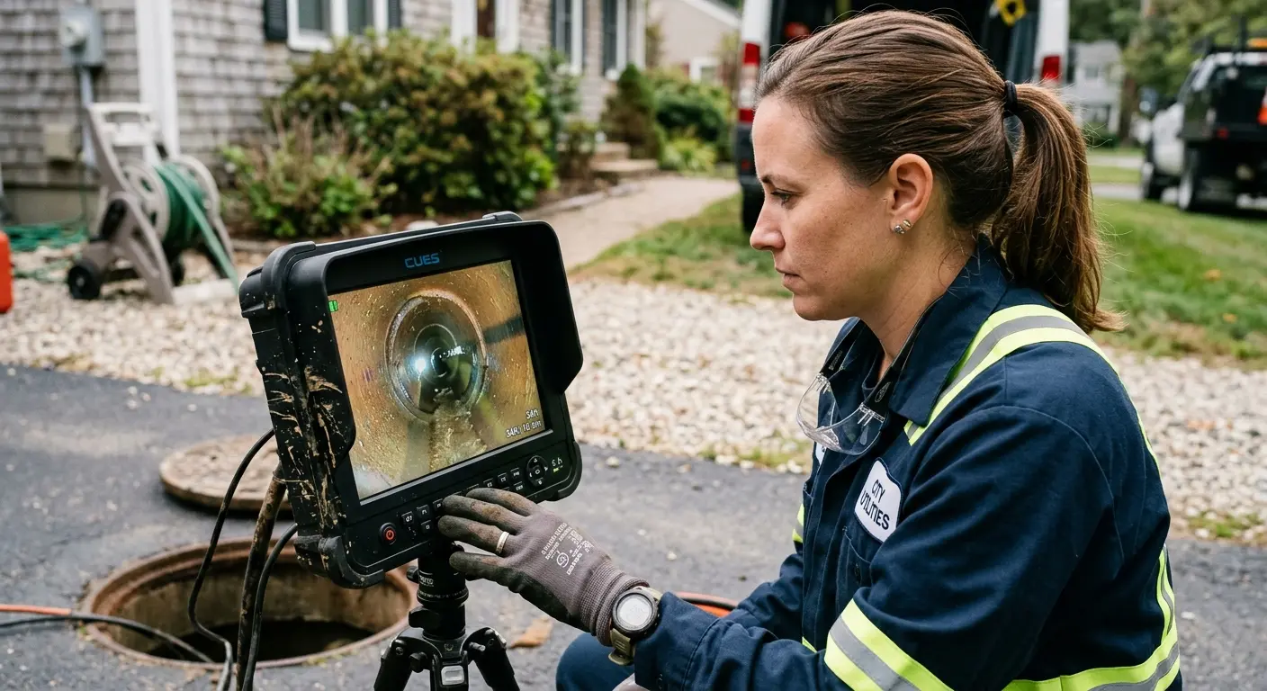 Technician reviewing sewer camera inspection footage in Shorewood