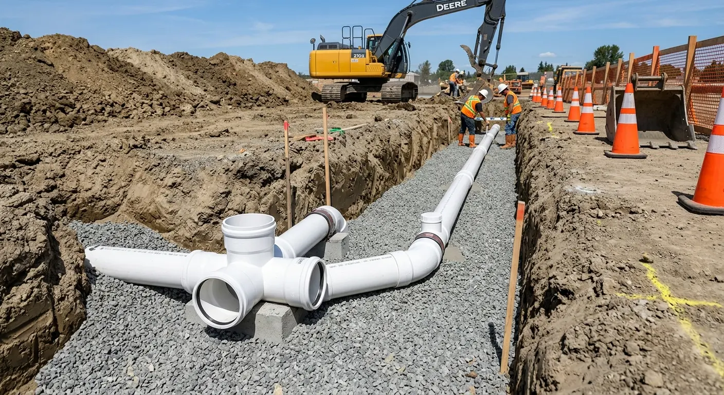 New PVC sewer pipe installation in open trench for Commercial Drain Cleaning in Shorewood
