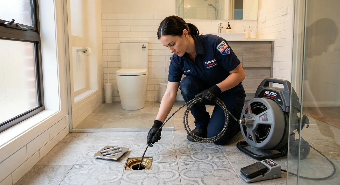 Technician clearing a bathroom floor drain for Sewer Line Replacement in Shorewood